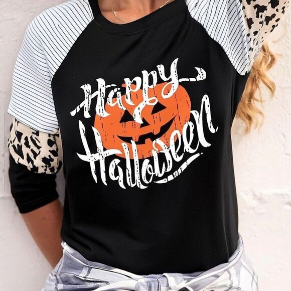Halloween Shirt - Happy Halloween Pumpkin Face Graphic Womens Long Sleeve - Picture 6 of 7